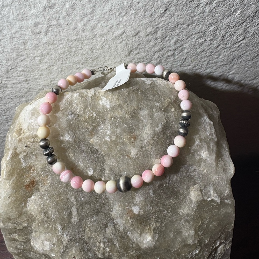 Pink and Silver Beaded Stretch Bracelet